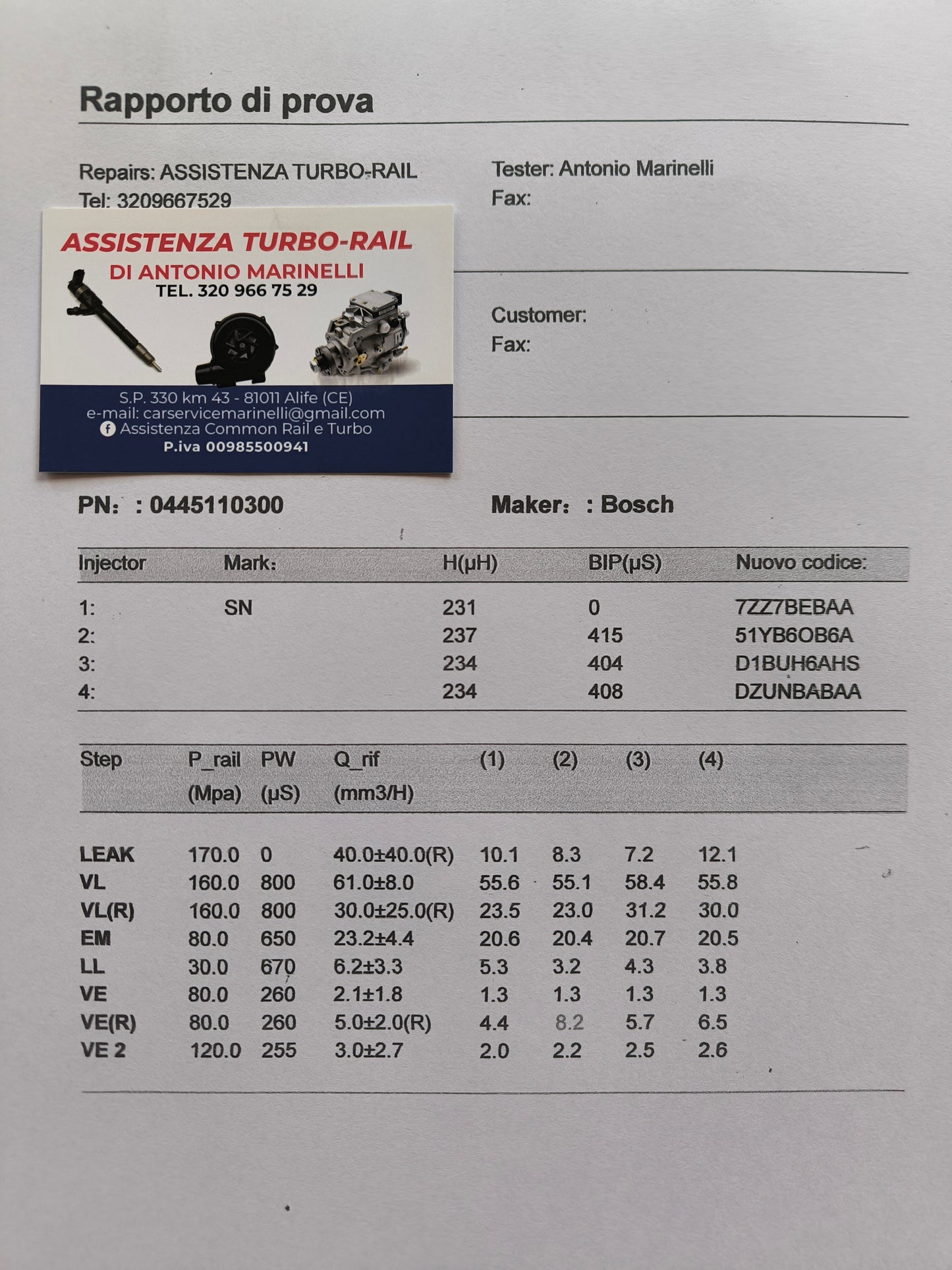 iniettori 0445110300 FIAT, ALFA ROMEO 1.6