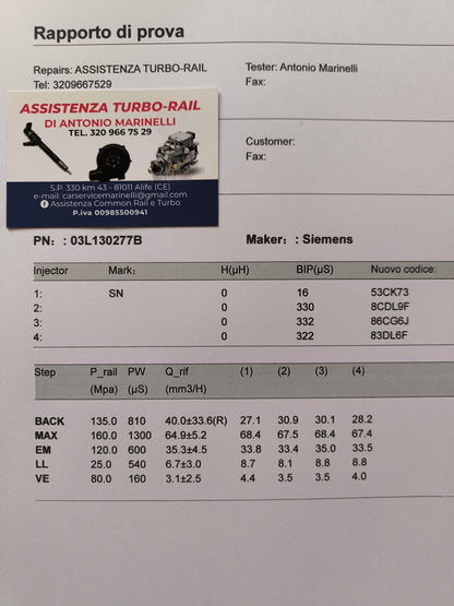 Iniettori ricondizionati 03L130277B VW, AUDI, SKODA 1.6 TDI