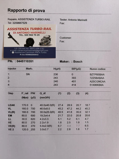 INIETTORI REVISIONATI 0445110351 FIAT, ALFA 1.3 MULTIJET
